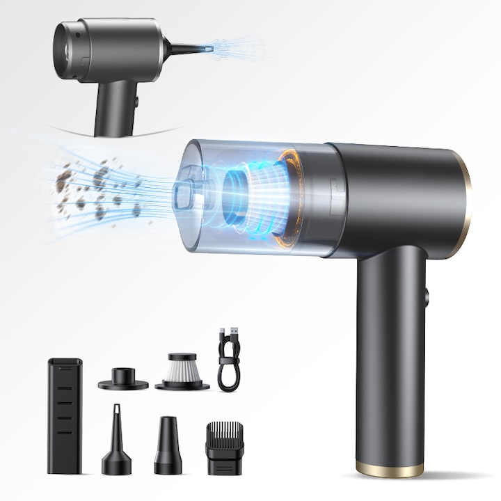 Suflanta Aer si Aspirator Portabil 3-in-1 cu Functie de Umflare, Acumulator Reincarcabil, Motor Puternic 90W, Putere de Aspirare 5500Pa, Sistem de Aspirare Ciclonica, 5 Accesorii Incluse pentru Curatare Praf, Tastaturi, Masina, Spatii Inguste si Umflare S