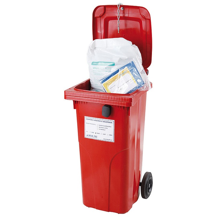 Kit intervenție scurgeri lichide periculoase Meva, 120L, capacitate absorție 44L, container mobil cu roți, roșu
