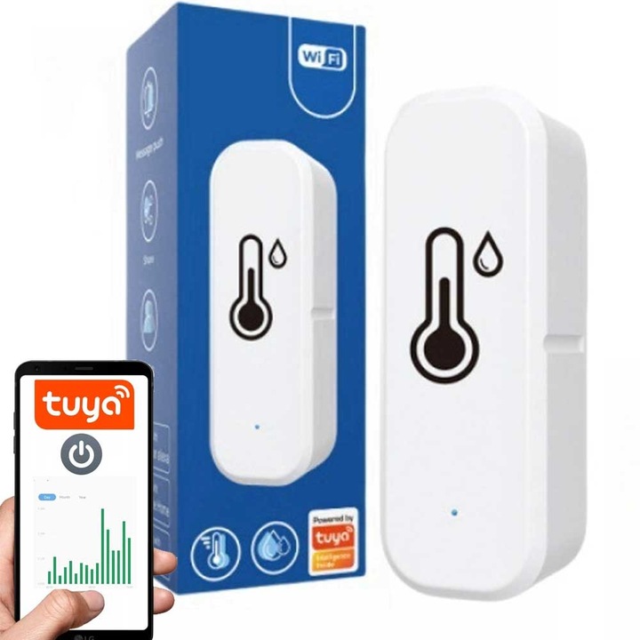 Senzor de temperatură și umiditate WiFi + Bluetooth Elektroweb, -10C la 60C, 0% la 100% RH, 70x25x20mm