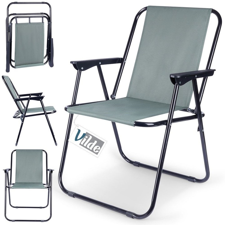 Scaun Pliant Turistic Pentru Camping Si Pescuit, Vilde, 54x44.5x72.5 cm, Gri/Negru, Structura Metalica Rezistenta, Material Poliester Durabil, Cotiere Confortabile, Usor Si Compact La Transport, Ideal Pentru Plaja, Gradina Si Balcon