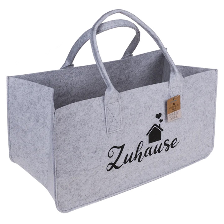 Geanta din fetru pentru lemne de foc, „Zuhause”, gri, 50 x 25 cm