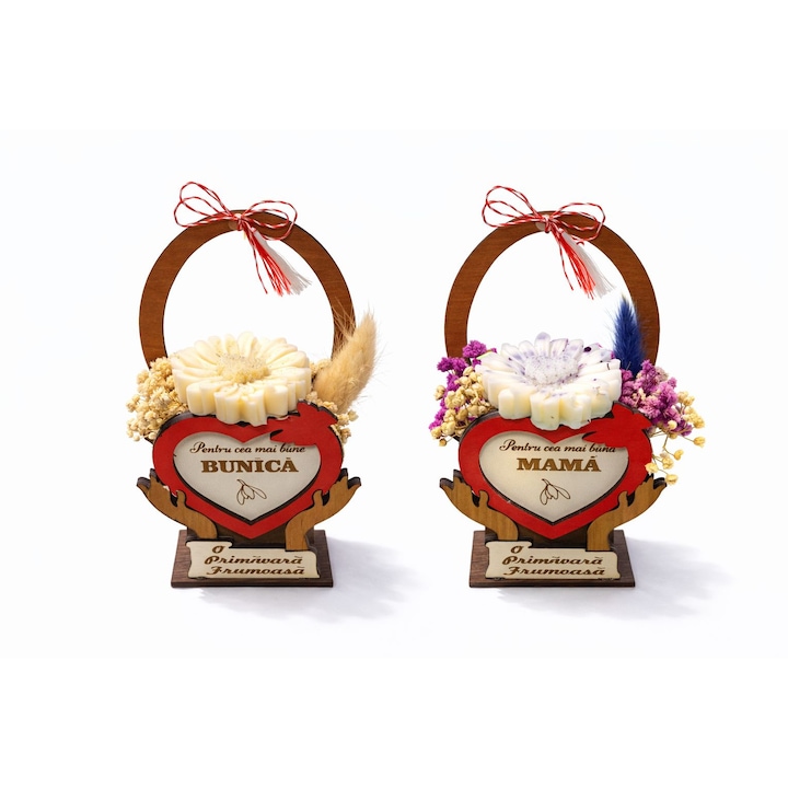 Set 2 martisoare florale handmade Mama+Bunica din ceara de soia parfumata, 1-8 Martie, cutie de lemn