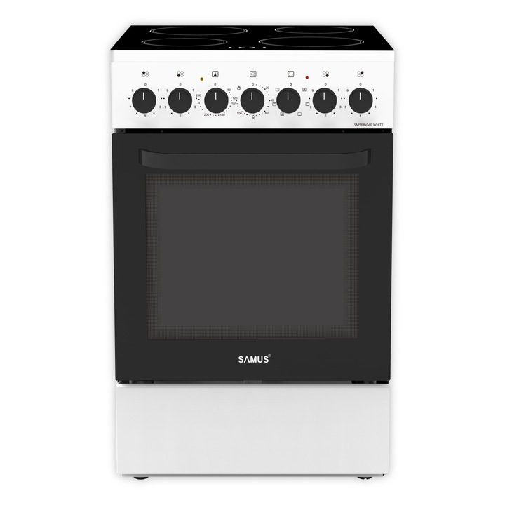 Aragaz Samus SM568VME White, Full electric, 4 zone de gatit vitroceramice, Capacitate cuptor: 60 L, Timer mecanic, Alb