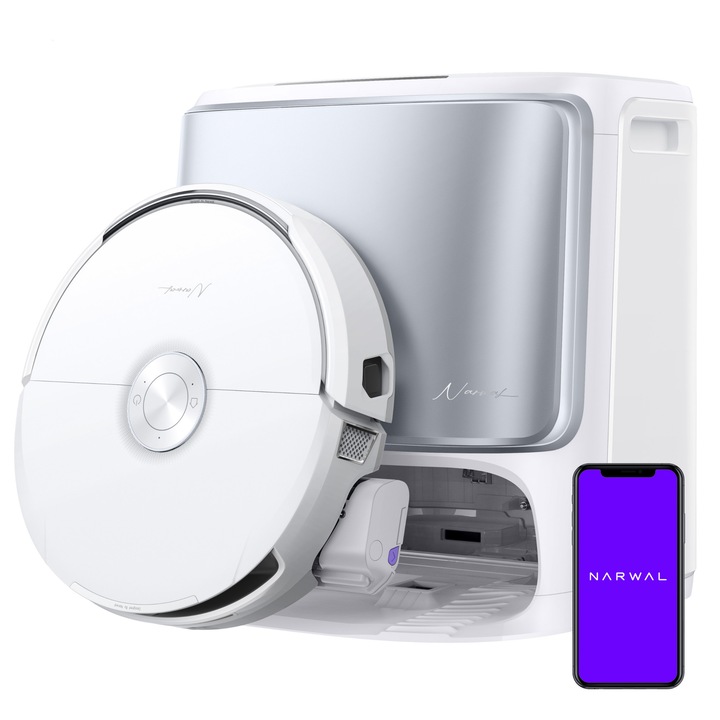 Робот прахосмукачка Narwal Flow CP-ZD-A00159-00-00, 22000Pa, 2 x RGB камери, 2x AI чипа, Капацитет на батерията: 6400mAh, Freo Mind 4.0, AI гласов асистент: HeyNawa, VisionAI™ Pro Autonomous System™, Видео разговор, Бял