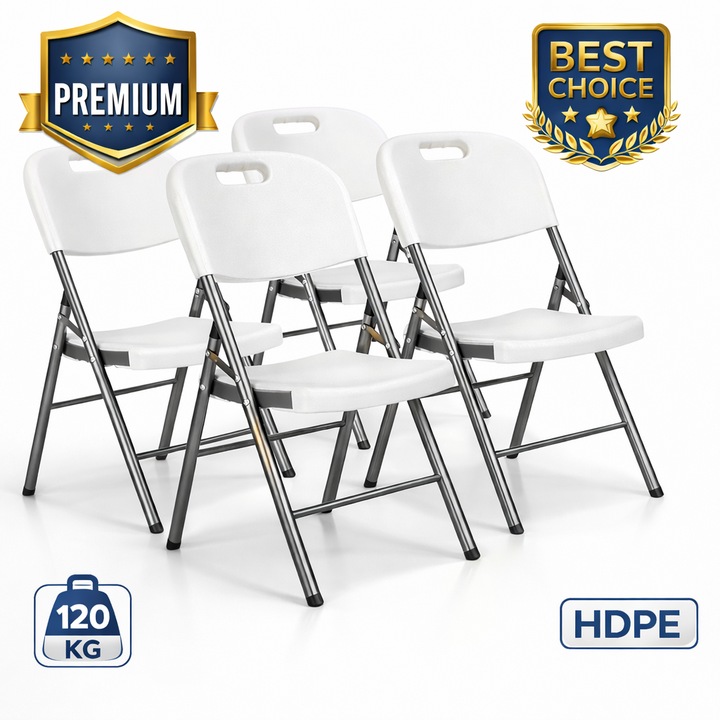 Set 4 Scaune Pliabile Catering pentru Gradina si Camping, HDPE si Cadru Metalic, 120 kg, Albe