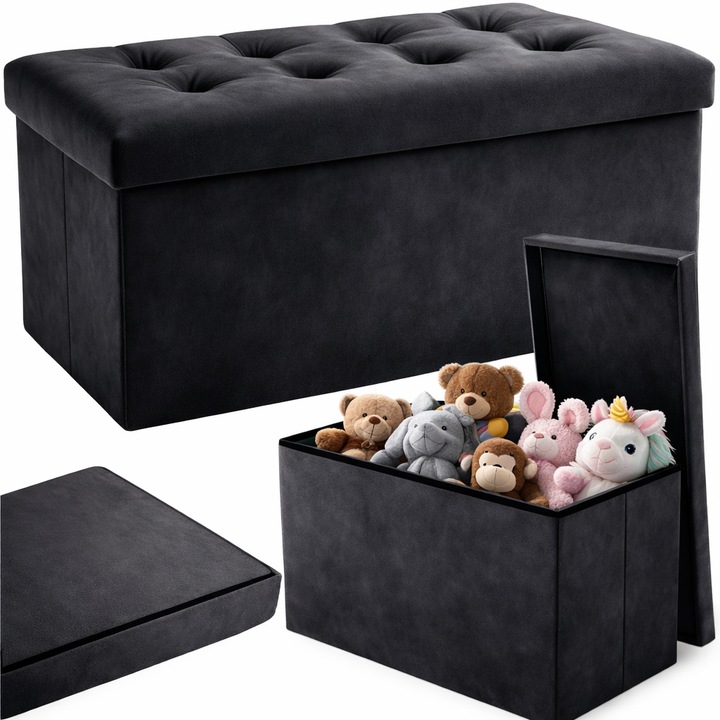 Puf Multifunctional cu Depozitare 110L, Pliabil, Impermeabil, Dimensiune XXL, Sezut Matlasat, Gri, 76x38x38 cm