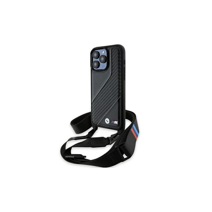 BMW BMHCP15L23PSCCK iPhone 15 Pro 6.1 készülékhez kemény tok M Edition Carbon Stripe & Strap fekete