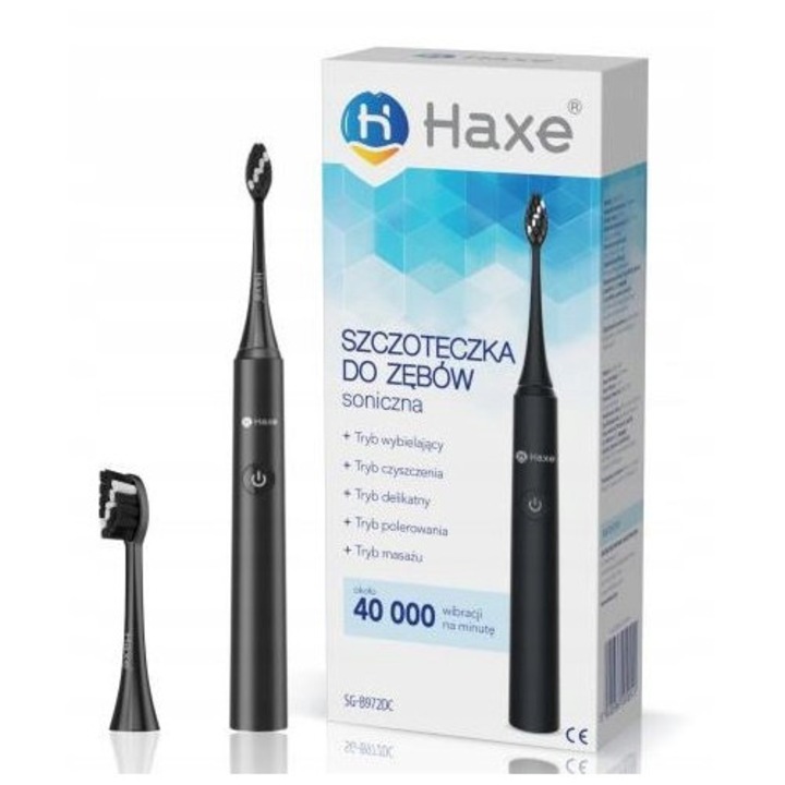 Periuta de dinti sonica Haxe SG-B972DC, 5 moduri, waterproof IPX7, neagra, 247x26,9x26,4mm, set cu 2 capete