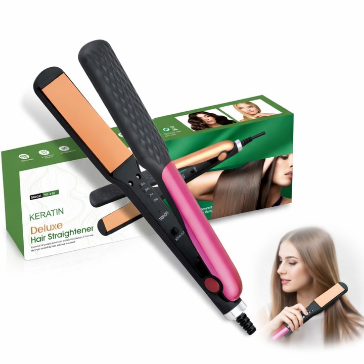 Преса за коса Macvi® керамична за изправяне с 4 настройки на температурата, бързо нагряване 40 секунди, захранване от контакт, дълъг кабел 1,8 м