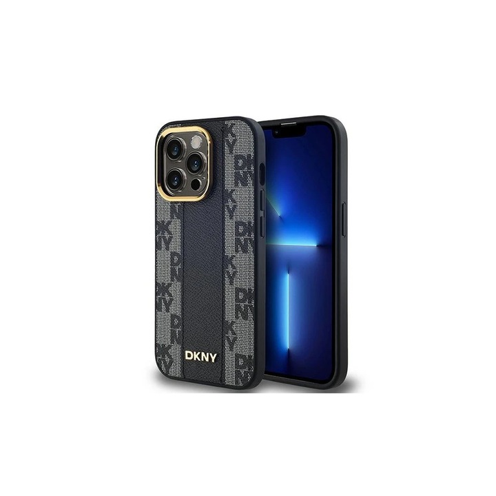 DKNY DKHMP14LPCPVSLK iPhone 14 Pro 6.1" készülékhez Leather Checkered Mono Pattern MagSafe kemény tok fekete