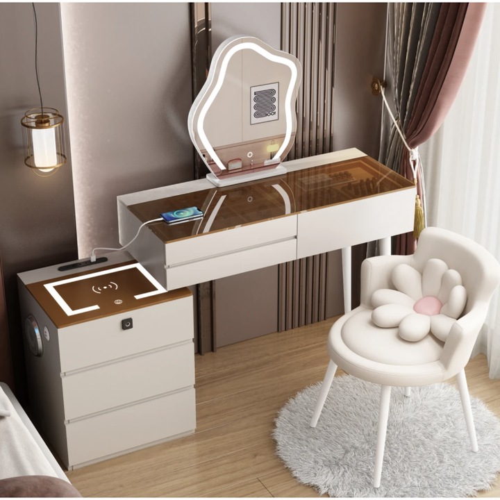 Masa Toaleta, MOBATELIER® HANA, Masa Machiaj, Oglinda LED cu Control Touch si 3 Culori, Iluminare Reglabila, Incarcare Wireless si USB, Blocare cu Amprenta, Masa Machiaj cu 6 Sertare, Scaun Tapitat Catifea, Blat Sticla Negru, Alb/Maro