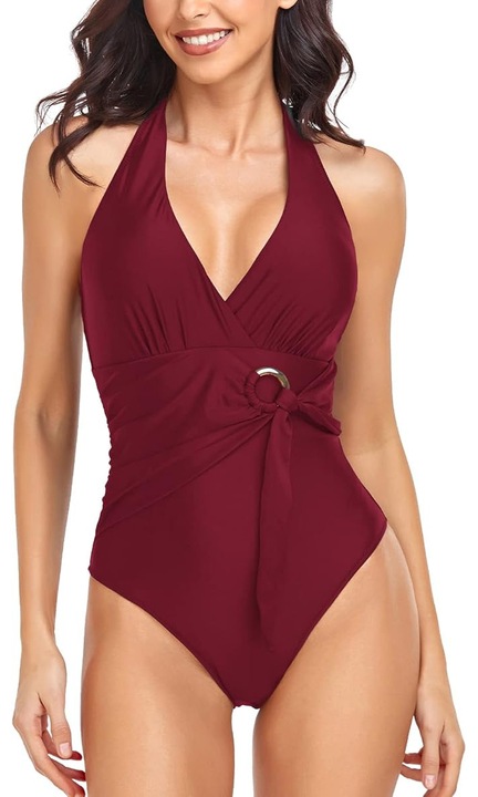 Egész fürdőruha, mély V-nyakkivágás, kivehető kosarak, Piros, S méret