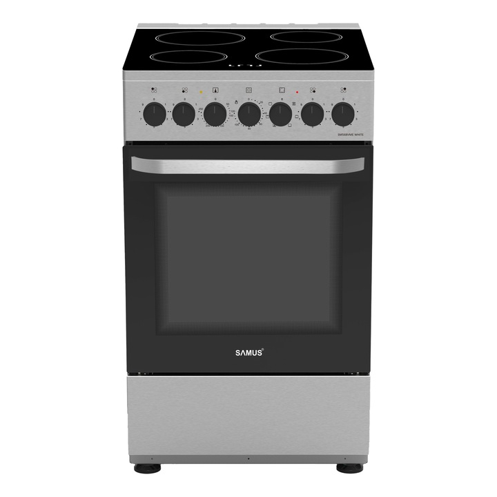 Aragaz Samus SM568VME Inox, Full Electric, 4 zone de gatit vitroceramice, Capacitate cuptor: 60 L, Timer mecanic, inox (laterale argintii)
