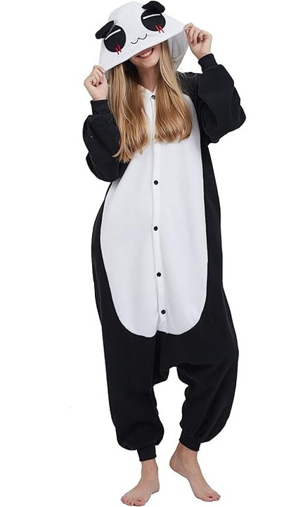 Pijama Tip Salopeta Panda – Polar Calduros, Unisex, Cosplay & Homewear, Cu Gluga si Buzunare, Culoare Negru cu Alb, Marimea L