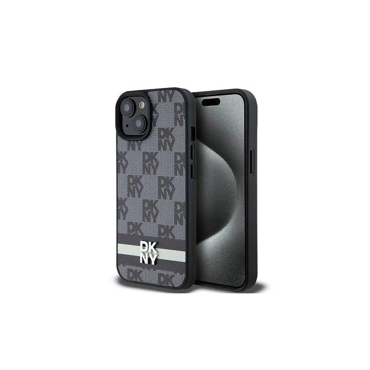 DKNY DKHCP15MPCPTSSK iPhone 15 Plus / 14 Plus készülékhez 6.7 hüvelyk kemény tok Leather Checkered Mono Pattern fekete