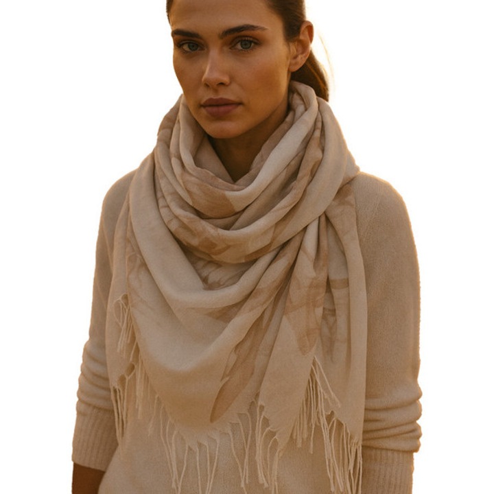 Esarfa dama bej 100x100 cm cu model floral acuarela si franjuri, 100% poliester moale, accesoriu versatil pentru toate anotimpurile – Agrafka unisize