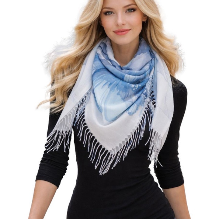 Esarfa dama albastra 100x100 cm cu model floral acuarela si franjuri, 100% poliester moale, accesoriu versatil pentru toate anotimpurile – Agrafka unisize