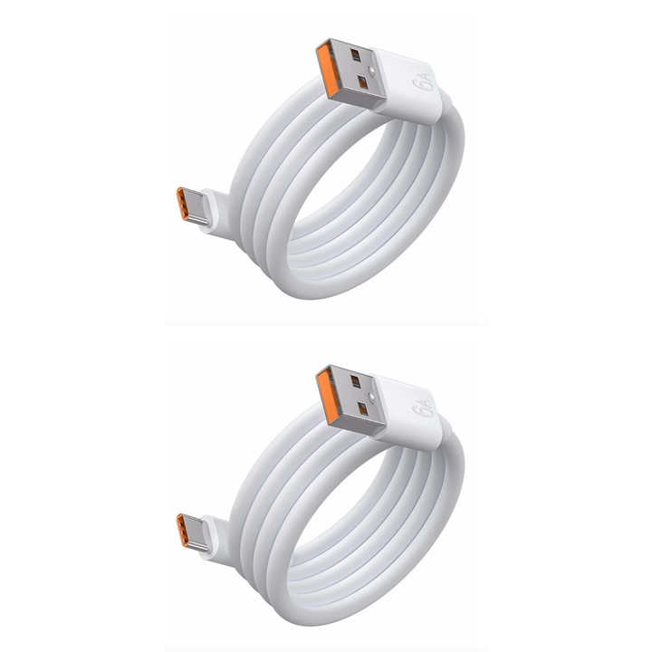 Set 2 buc, Cablu date si incarcare rapida 6A/2M QUANDES®, TurboCharge 120W, pentru Xiaomi, RedMi, Poco, USB la USB-C, Type C, alb-portocaliu