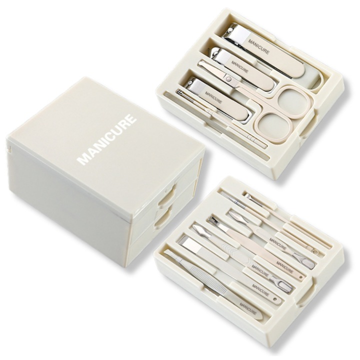 Trusa de manichiura Premium 13 in 1, cu sertar dublu si oglinda, otel inoxidabil, bej, KAIGU®