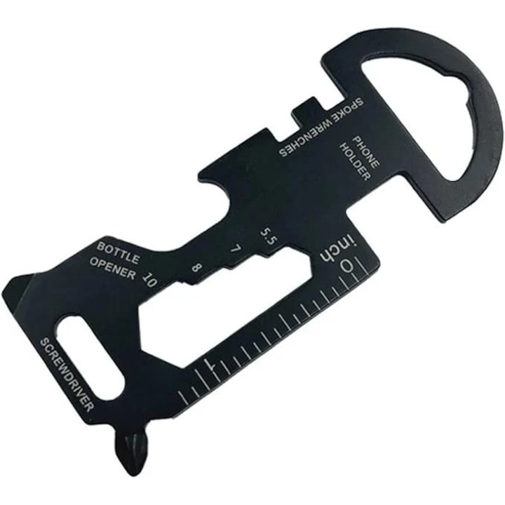 Többfunkciós rozsdamentes acél kulcstartó, telefontartó, csavarhúzó, vonalzó, palacknyitó, kempingezéshez és túrázáshoz, fekete, 3 x 7 cm, Dactylion®