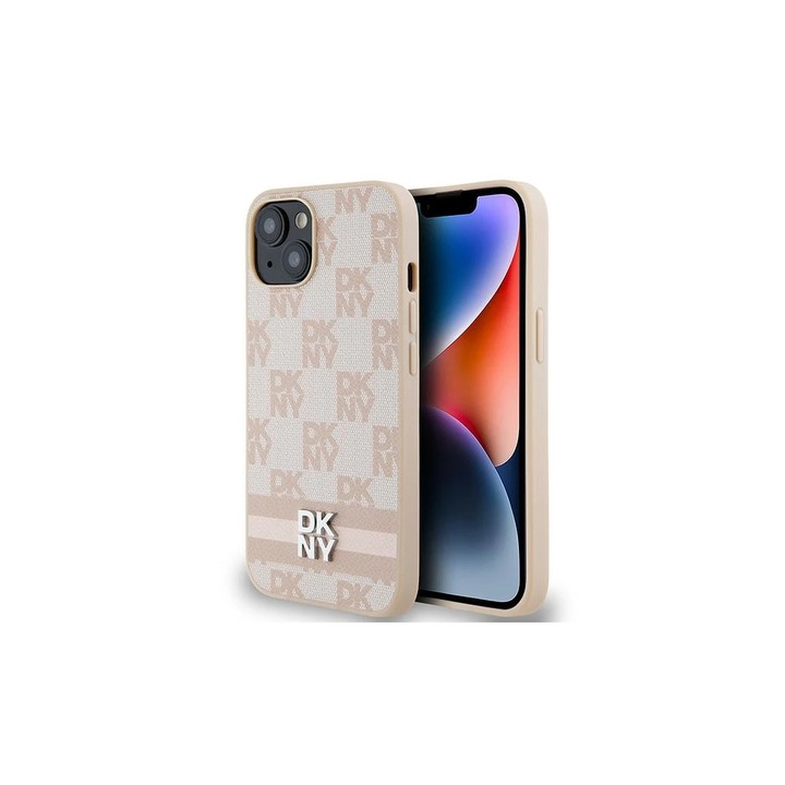 DKNY DKHCP15SPCPTSSP iPhone 15 Plus / 14 Plus készülékhez 6.7 hüvelykes kemény tok Leather Checkered Mono Pattern rózsaszín