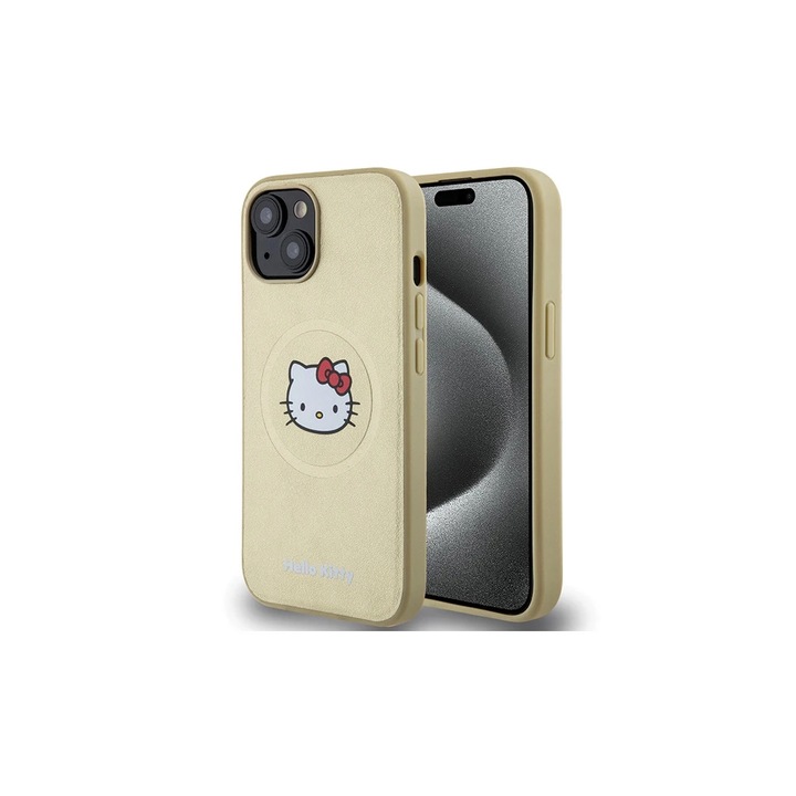 Hello Kitty HKHMP15SPGHCKD iPhone 15/14/13 6.1" készülékhez kemény tok Leather Kitty Head MagSafe arany