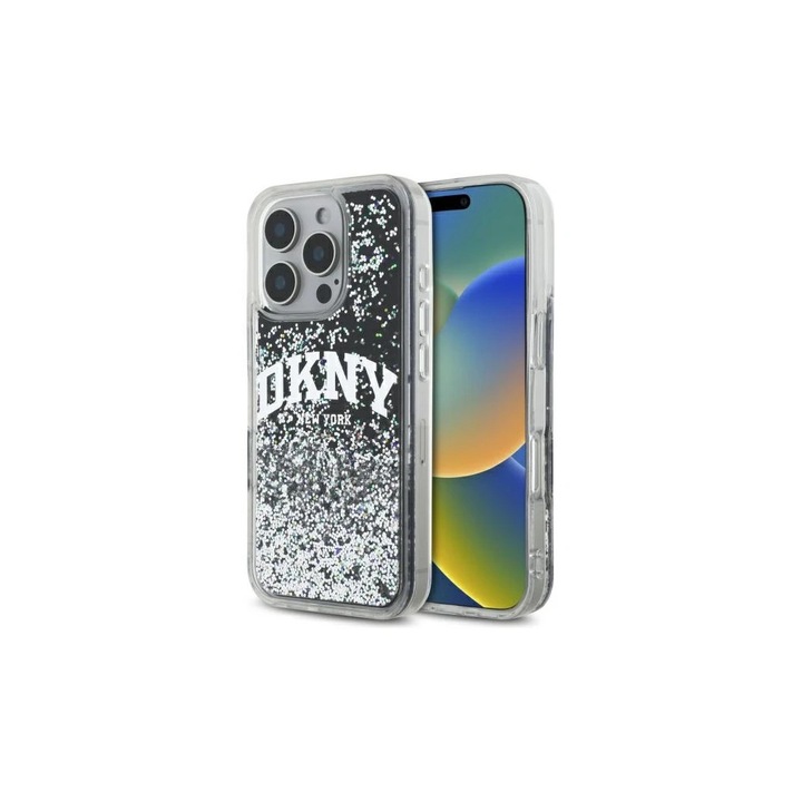 DKNY DKHCP16LLBNAEK iPhone 16 Pro 6.3" készülékhez kemény tok Liquid Glitter Arch Logo fekete