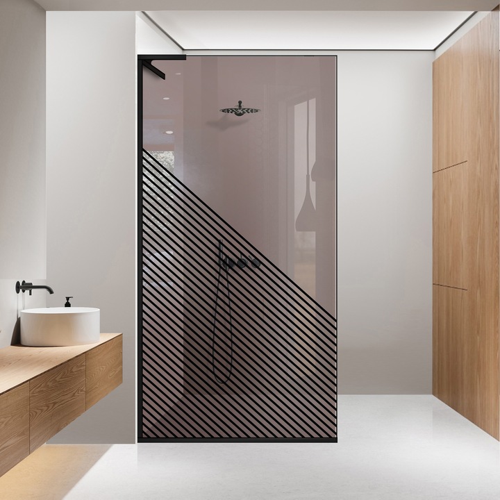 Paravan dus walk-in Aqua Roy ® Minimal Black, model Nordic negru, feronerie full inox negru mat, sticla 8mm bronz, securizata, anticalcar, 70x195 cm
