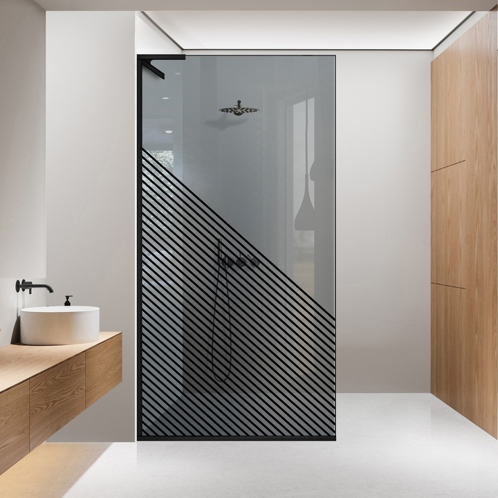 Paravan dus walk-in Aqua Roy ® Minimal Black, model Nordic negru, feronerie full inox negru mat, sticla 8mm gri, securizata, anticalcar, 100x195 cm