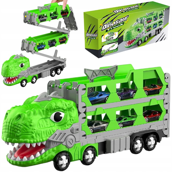 Set interactiv de jucarii: Camion dinozaur, pista de curse 155cm, 2 masinute, verde, 42x17,5x8,5cm