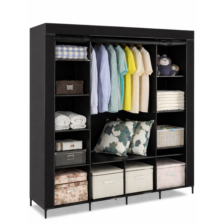 Dulap textil RUHHY XXL, 14 rafturi, 2 bare umerașe, negru, 170x170cm