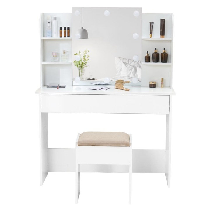 Masa Toaleta, MOBATELIER®, FRANCESCA, Cu Oglinda Iluminata 10 Becuri LED, 3 Optiuni De Iluminare Reglabile, Sertar Triplu Si Polite Laterale Pentru Organizare, Set Cu Scaun Inclus, Design Modern Pentru Dormitor Sau Dressing, Alb