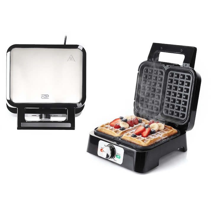 Aparat de preparat desert PROMIS WAP1600, 2000W, 2 gofre mari, negru-silver, 11x16cm