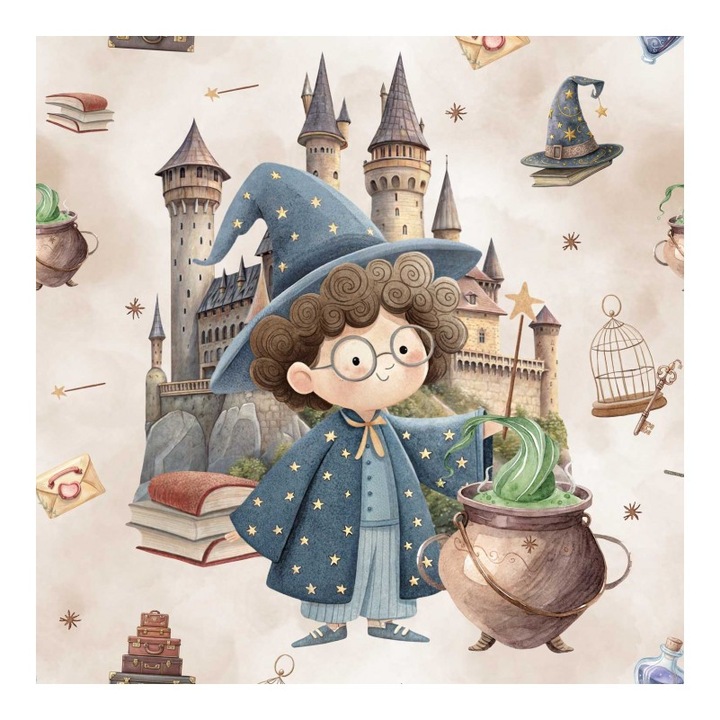 Material textil, Panou din tricot french terry 40x50 cm Mały czarodziej, bumbac 95%, elastan 5%