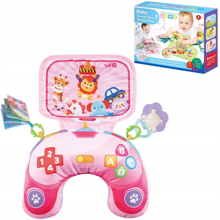 Patura educationala pentru bebelusi Luxma, roz, 48x33x8cm, cu jucarii senzoriale si muzica