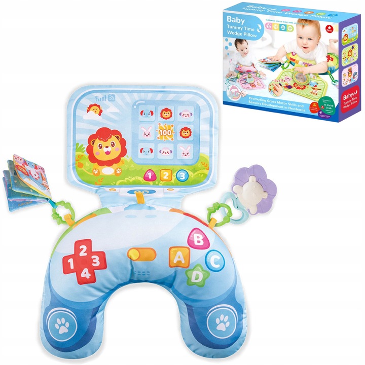 Patura educationala pentru bebelusi Luxma, cu accesorii senzoriale, albastra, 48x33x8cm