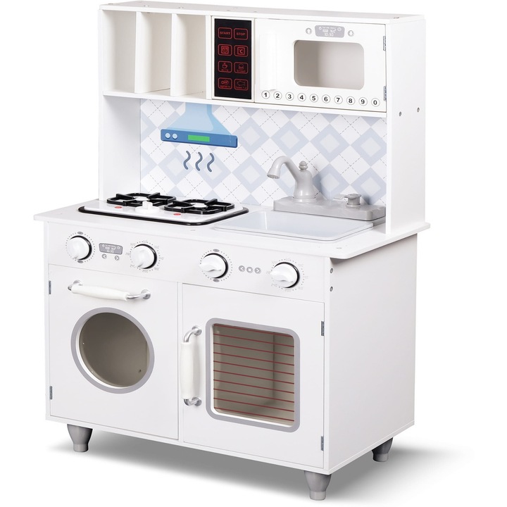 Bucătărie din lemn pentru copii, Promis, cu 2 arzătoare, alb, 84x58x30cm