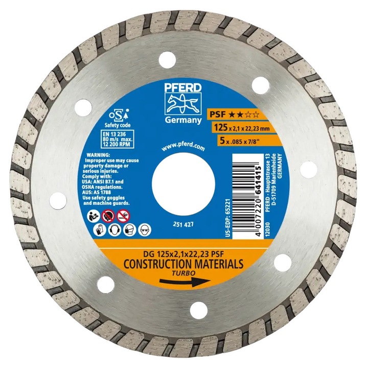 Disc diamantat PFERD DG 125x2.1x22.23 mm PSF TURBO, pentru beton si piatra, cod 68012222