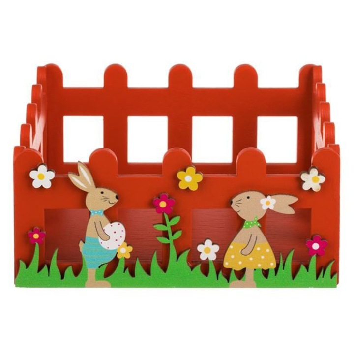 Ladita decorativa de Paste din lemn, rosu, 15x15x6cm, cu iepurasi