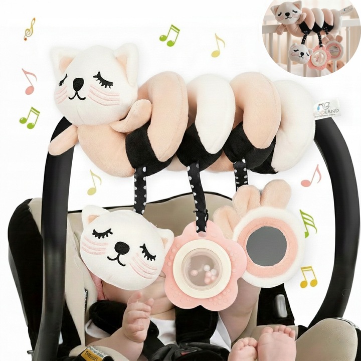 Zabava senzoriala spirala Kotek, Bocioland, pasteluri, 0m+, pentru carucior si patut