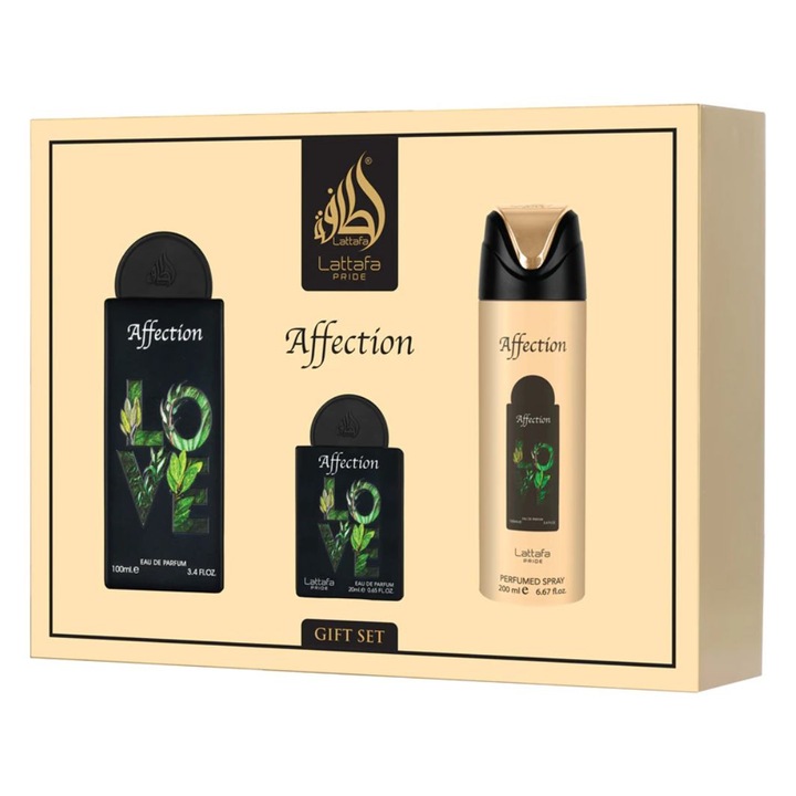 Affection parfüm ajándékszett, Lattafa Pride, Eau de Parfum 100ml, illatosított spray 200ml, utazó formátum 20ml, virágos-orientális