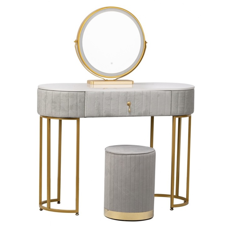 Masa Toaleta, MOBATELIER®, BOHEMIA LONG, Masa Machiaj Cu Oglinda Iluminata LED, Control Touch, Iluminare Reglabila, Sertar Spatios Pentru Cosmetice, Set Cu Taburet Inclus, Design Modern Pentru Dormitor Sau Dressing, Gri, 100x40x75 cm