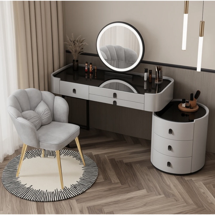 Masa Toaleta, MOBATELIER®, LUCIA, Masa Machiaj, Oglinda LED cu Control Touch si 3 Culori, 6 Sertare, Blat Sticla Securizata, Scaun Tapitat Catifea, Masa Machiaj Moderna, Gri