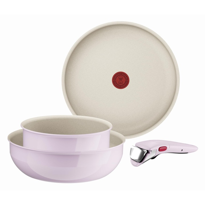 Tigaie Wok Tefal Ingenio Serenity, 4 piese, acoperire antiaderentă, maner detasabil, argila roz