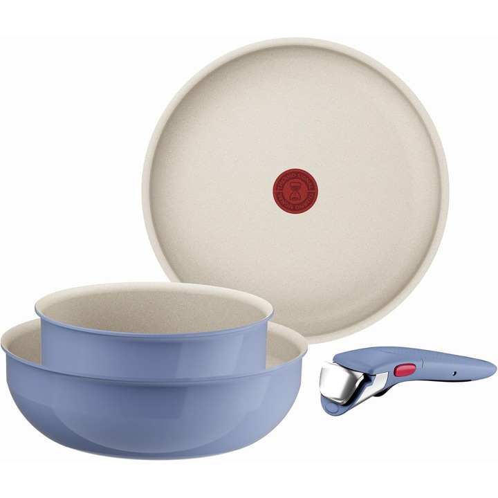 Set de vase de gătit Tefal Ingenio Serenity 4 piese, acoperire antiaderentă, stivuitoare, Blue Salt