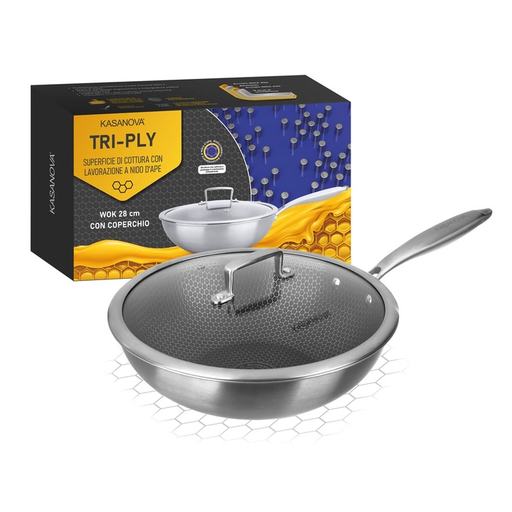 Wok Kasanova 28 cm, 3 straturi, cu capac, neutru