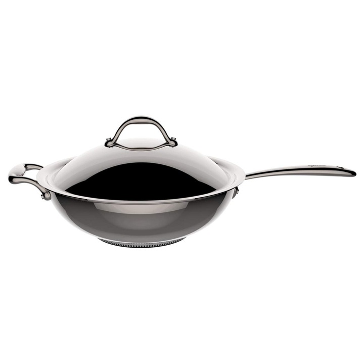 Tigaie wok LAGOSTINA Accademia, inox 18/10, 30cm, 5L, pentru inductie, gaz, cu capac