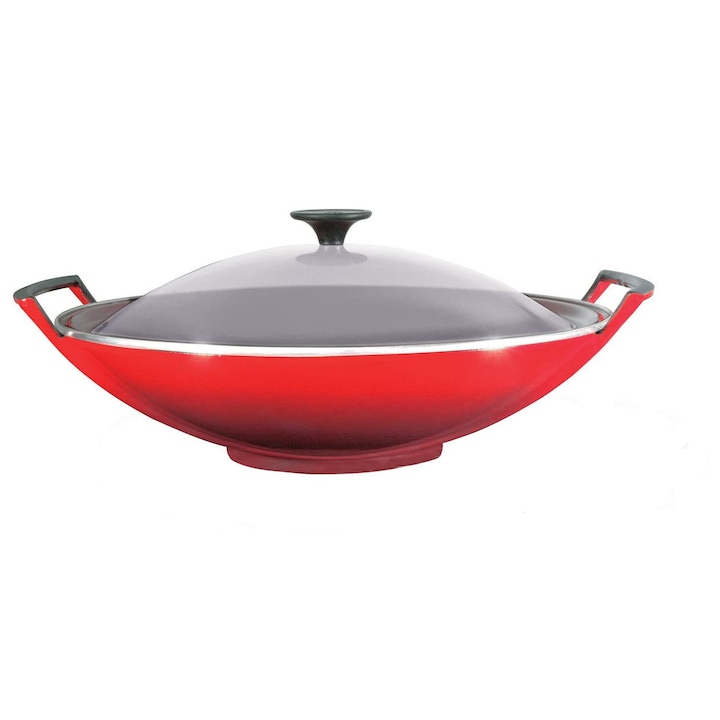 Wok din fonta Le Creuset, O 36 cm, 4, 5 L, rosu visiniu