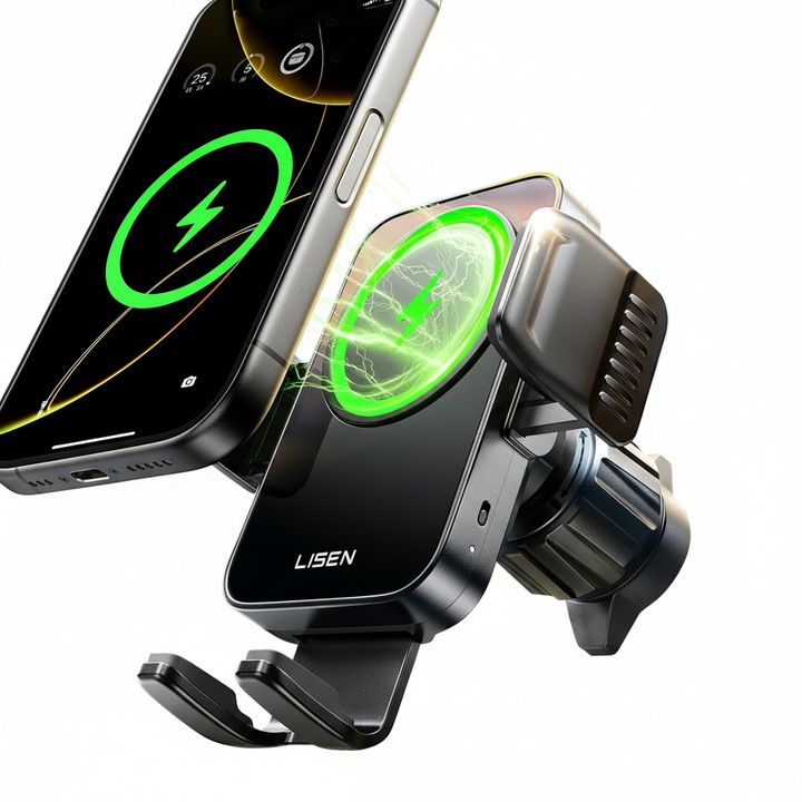 Suport auto cu incarcare wireless pentru telefon, Lisen YL0225030014, Rotire 360°, Montaj grila ventilatie, Clema, Negru
