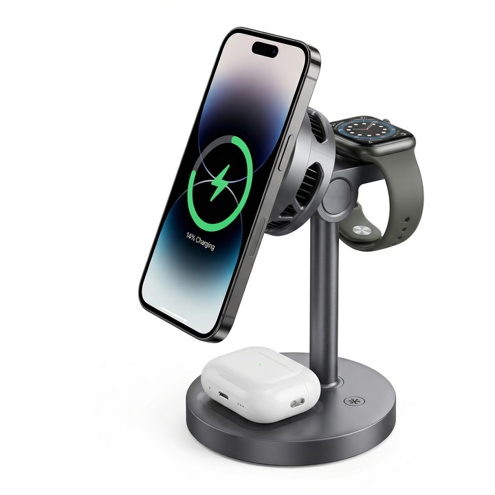 Безжично зарядно, станция за зареждане 3 в 1 Qi Fast Charger 25W, съвместимо с Magsafe, Daden®, бързо зареждане, за Apple iPhone, Airpods, Smartwatch, всички модели и iPhone Android Samsung Huawei Xiaomi, черно